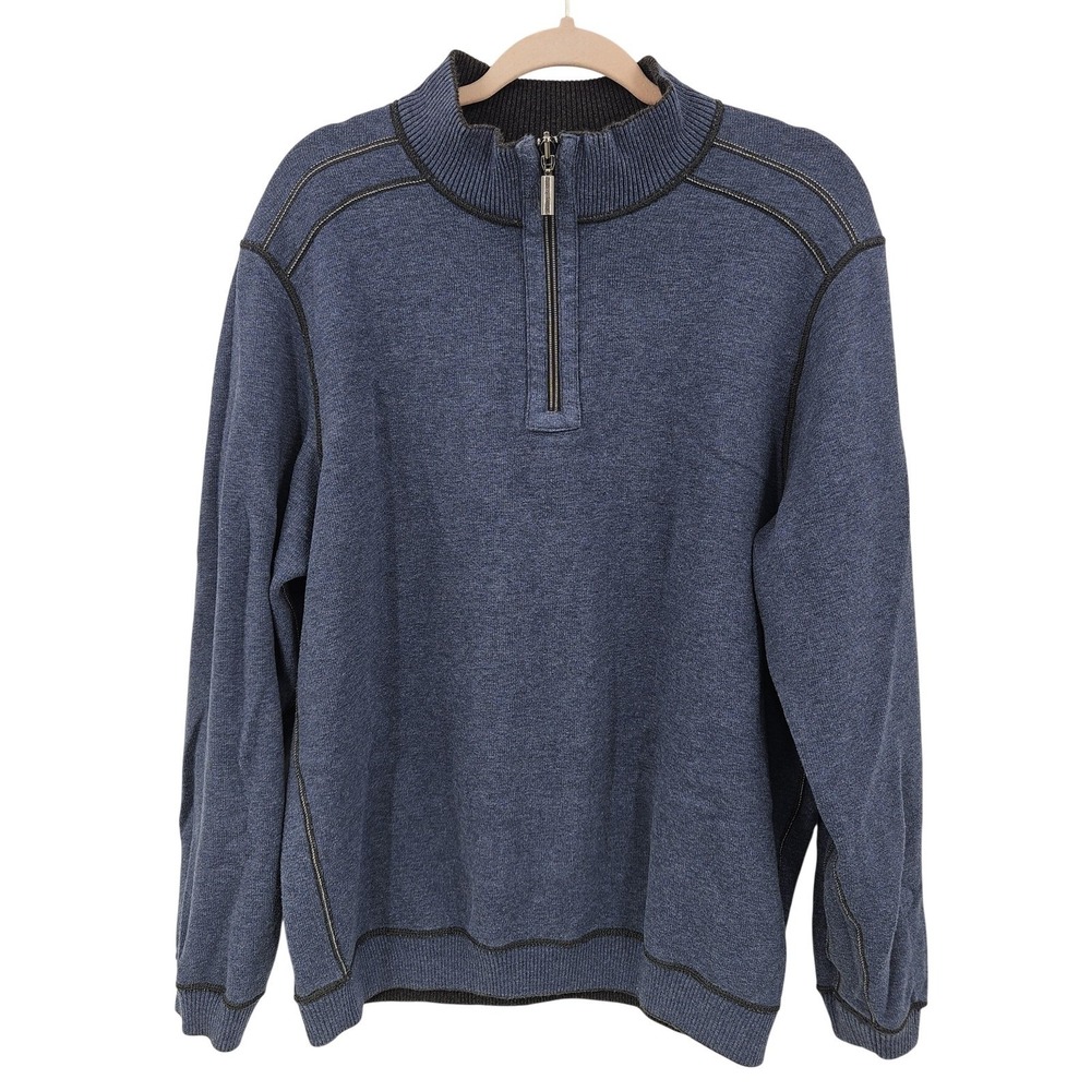 Tommy Bahama 1/4 Zip Sweater Men XL Blue Gray Reversible Mock Neck Preppy Spring
